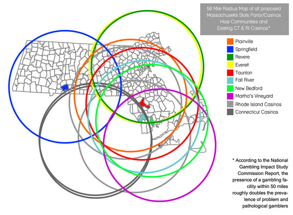 Map of impact of gambling addiction due to current and existing casino proposals